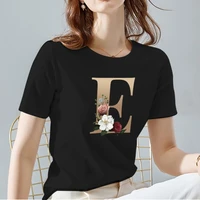 women tshirts classic all match black printing tee fashion flower 26 alphabet pattern series tops ladies round neck short sleeve