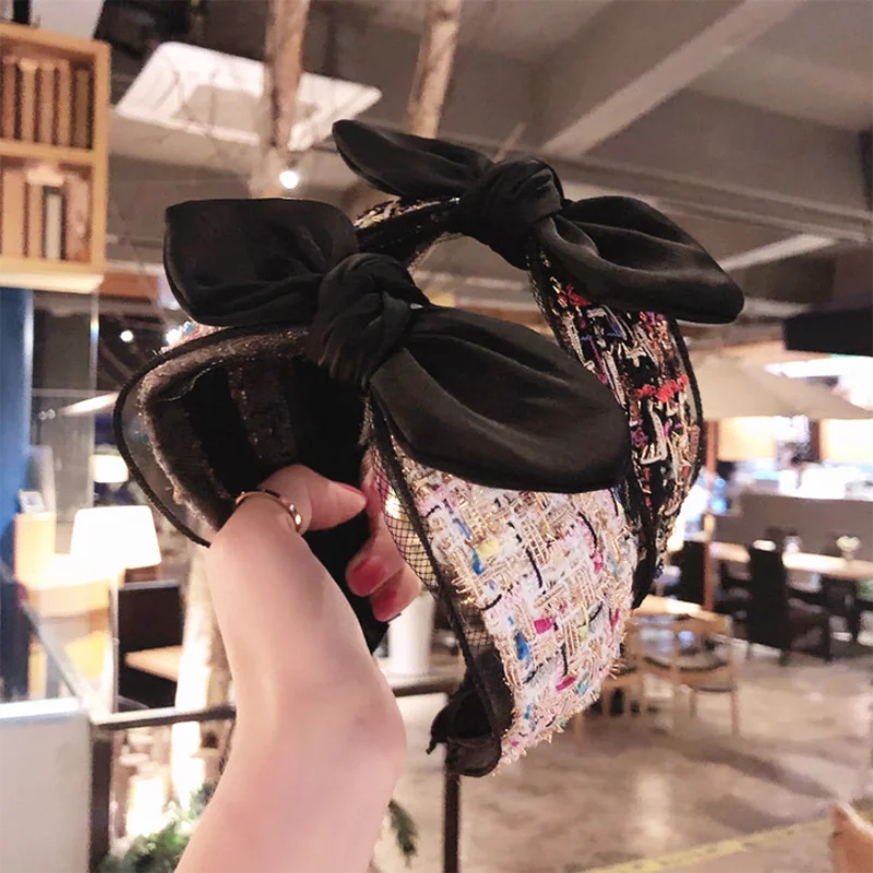 

Милый осенне-зимний кружевной ободок для волос с бантом из сетчатой пряжи, обруч с ушками кролика для женщин и девочек, Новые широкие боковы...