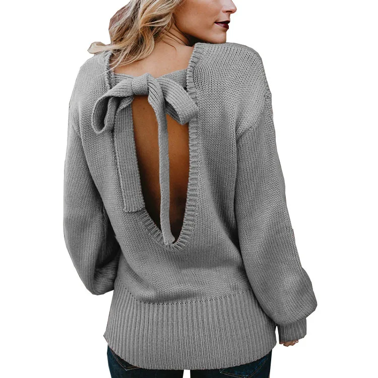

Women Spring And Autumn New Knitwear Sweater Pullovers Plus Size Female Backless Bow Hollow-outed Tops Long Sleeve O-neck Ladies