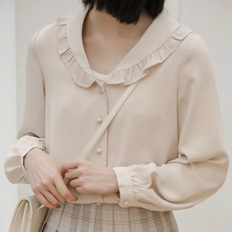 

Новинка Весна 2022, модные блузки для женщин, Однотонные блузки с воротником «Питер Пэн», женские прямые универсальные повседневные рубашки с...