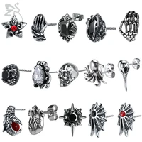 zs 1pair punk rock skull octopus stud earrings 316l stainless steel earring with red cz stone male biker hip pop gothic jewelry