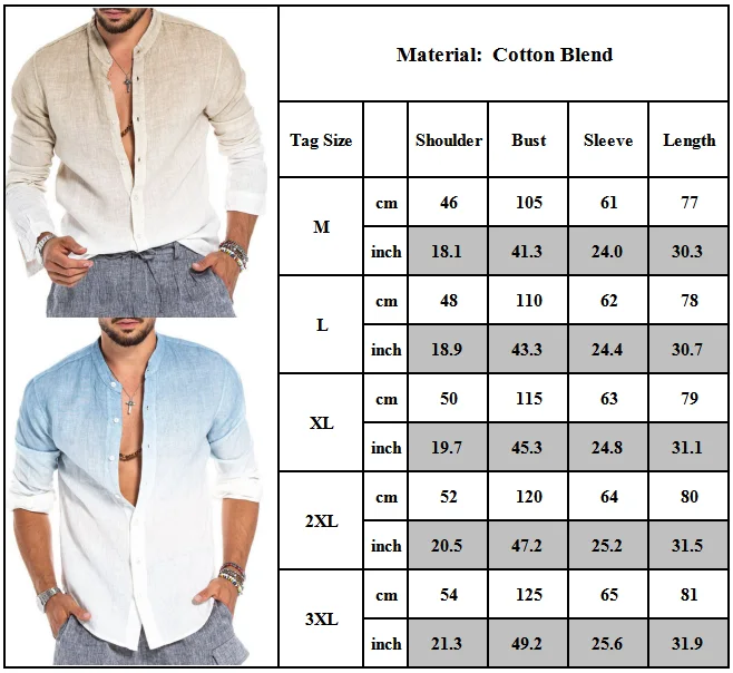 

Fashion Mens Long Sleeve T-shirt Ombre Casual Tops Henley Collarless Buttons Shirts Tees New Style