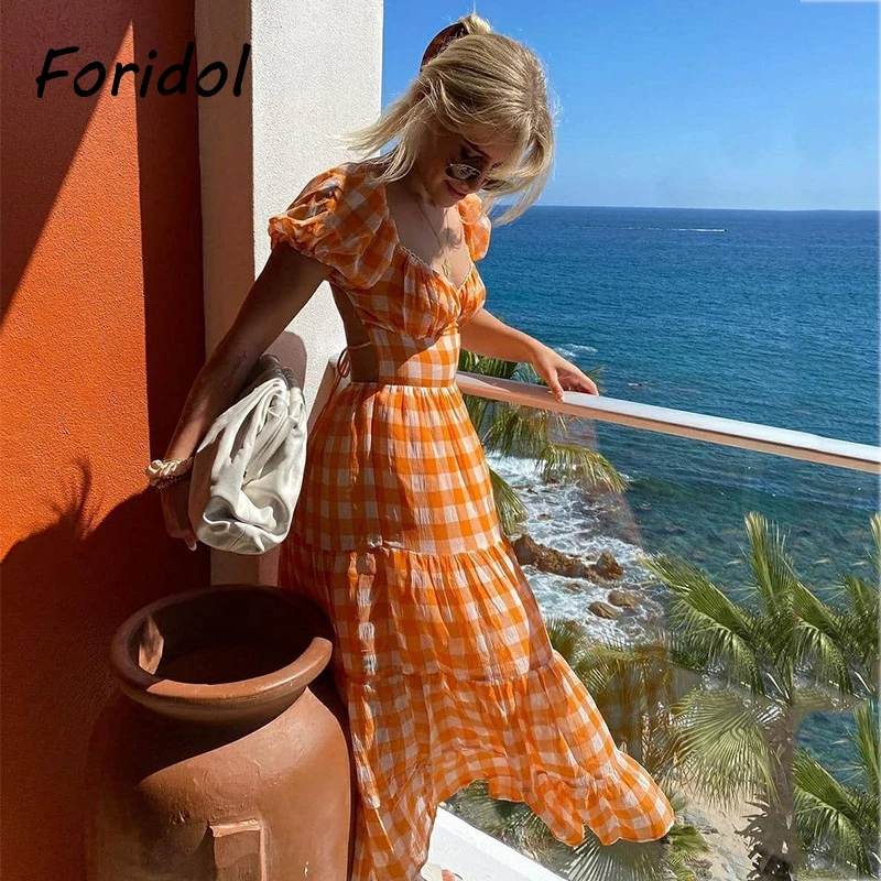 

Foridol Puff Sleeve Gingham Vintage Backless Orange Summer Dress for Women Sexy Long Beach Holiday Dress Maxi Dress Robe Femme