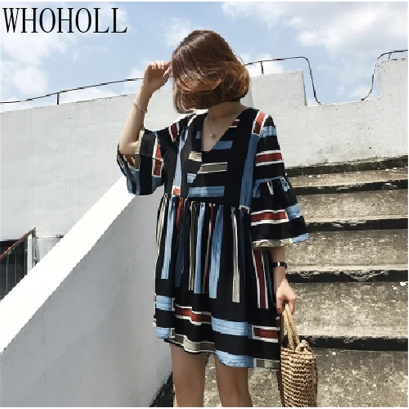 

WHOHOLL Plus Size Women's Summer Dress 2020 Boho Chiffon Dress Party Long Sleeves Striped Loose Dress Beach Wear Sundress