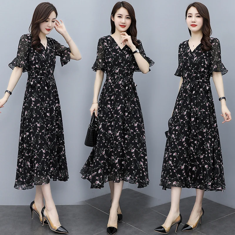 

COIGARSAM 4XL Plus Size Floral Print Women dress New Summer Full Sleeve Chiffon High Waist Long Dresses Black 618