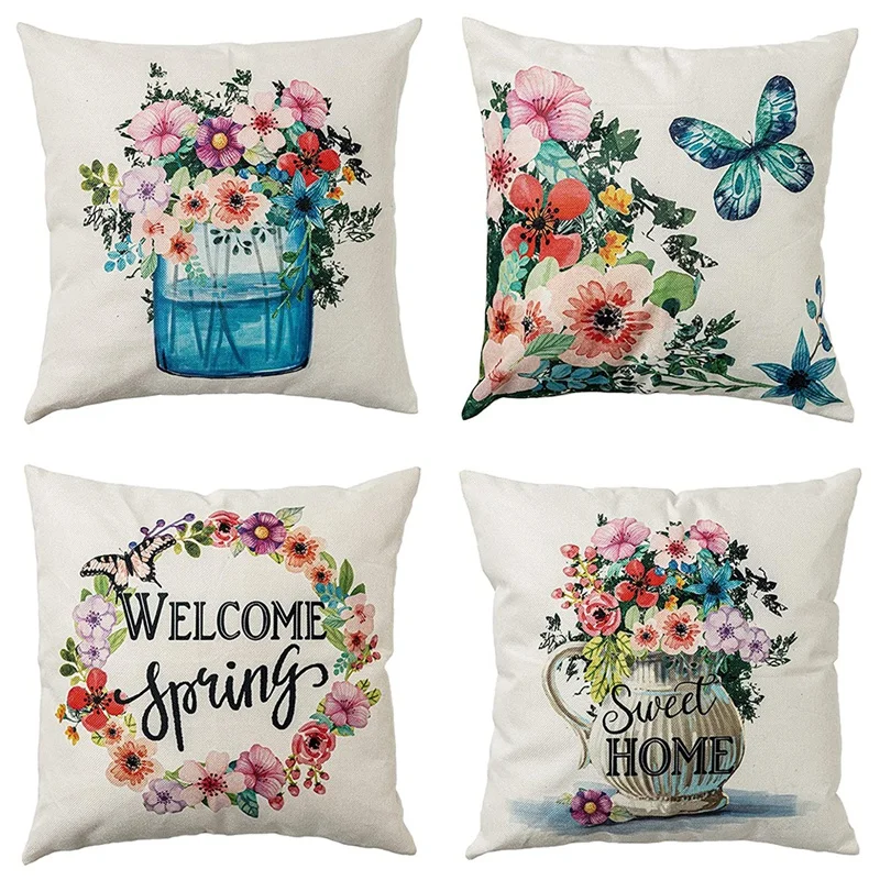 

Spring Pillow Covers 18X18, Decorative Farmhouse Throw Pillows Covers Set of 4, Spring Pillow Case Decorations for Home