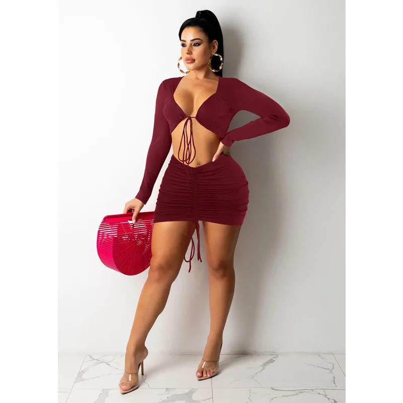 

Sexy Dress Fall Clothes Solid Drawstring Nightclub Evening Dresses for Women Fashion Gothic Clothes Streetwear Wholesale Items