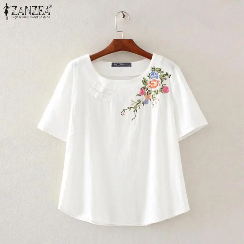 2022 Summer Womens Blouse ZANZEA Floral Embroidered Tops Tunic Fashion Loose Short Sleeve Blusa Casual O Neck Cotton Blouse 