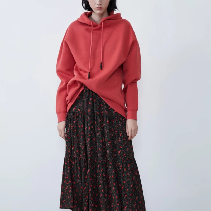 Женский пуловер с капюшоном ZA черный серый красный однотонный Повседневный