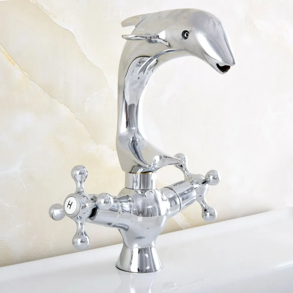 

Chrome Finish Brass Basin Faucets Dolphin Faucet Bathroom Vanity Sink Mixer Taps Deck Mounted