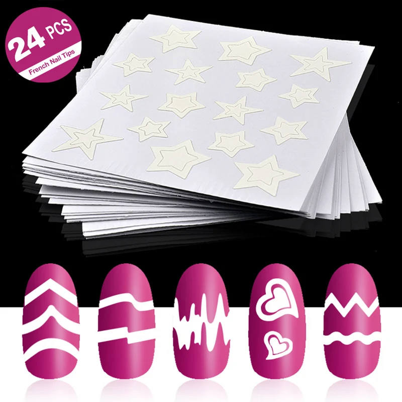 24Pcs French Nail Tips White Different Designs Sticker Stencil Guide DIY Manicure Wave Line 3D Styling Art Tools | Красота и здоровье