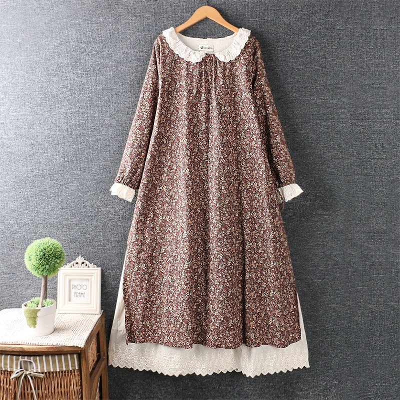

Runningmao quality Vintage Japanese style lace peter pan collar long sleeve rustic flowers print cotton layers dress