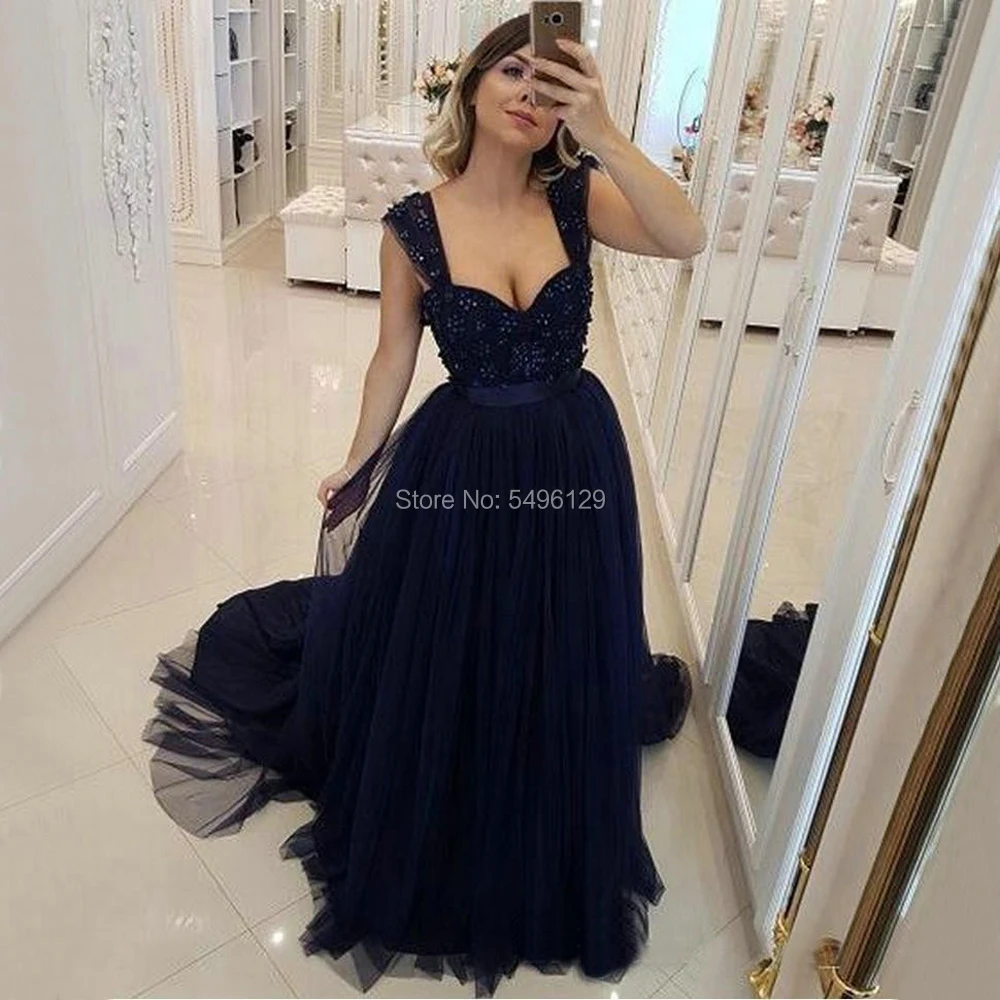 Длинные Темно-синие Для женщин вечерние платья с нежные Аппликации Кружева Тюль