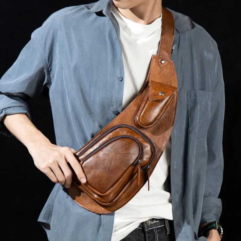 Hand-rubbed leather chest bag, top layer cowhide fashion men's shoulder bag, casual messenger bag, cowhide men's bag