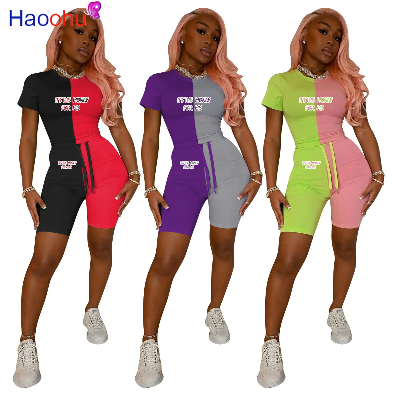 HAOOHU Women Sets Patchwork Short Sleeve O-neck Pullover T-shirts Skinny Elastic Drawstring Short Pants 2 Piece Set Summer 2021