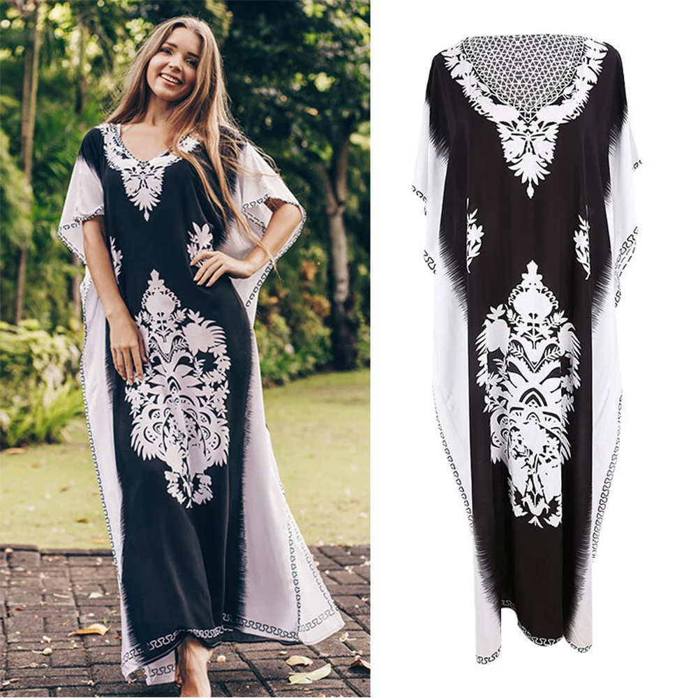 

Bohemian Holiday Beach Dress Plus Size Print Beach Cover Up Long Cotton Tunic Batwing Sleeve Sarong Vintage Beachwear