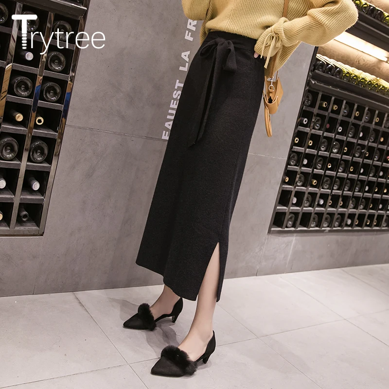 Trytree 2019 Осенняя Зимняя юбка женская повседневная с бантом и высокой талией