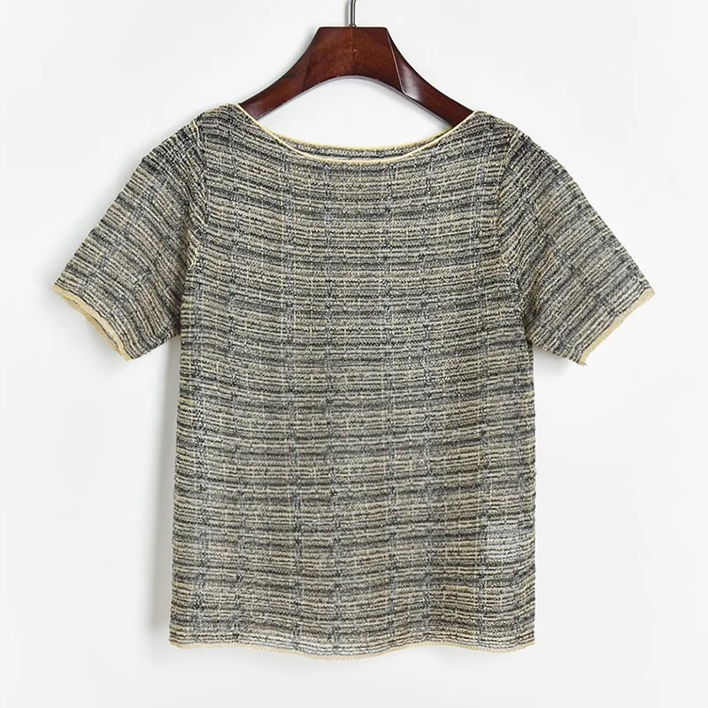 Женская тонкая прозрачная футболка с люрексом трикотажная из органзы коротким