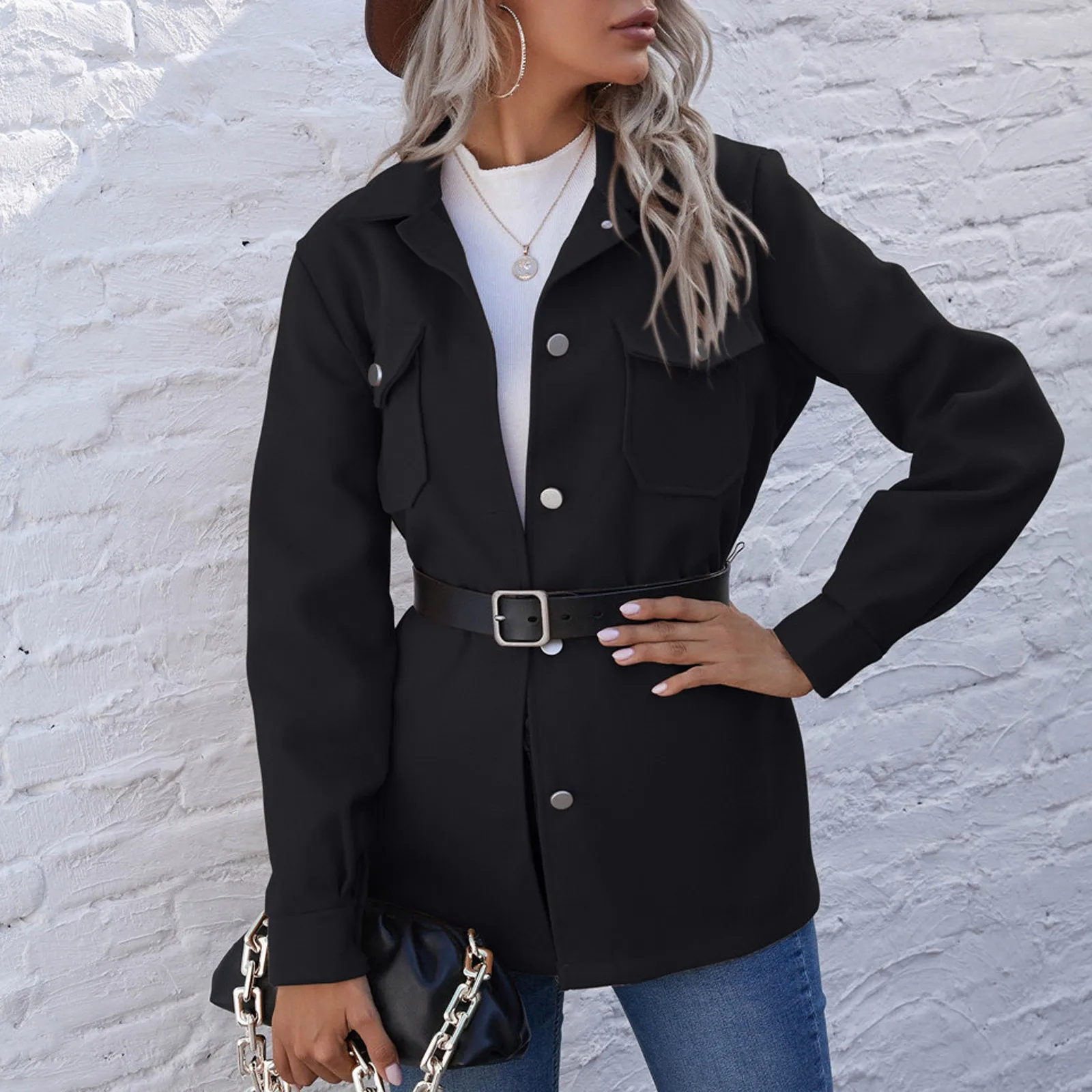

Autumn Winter Women's Casual Fashion Solid Colors Long Sleeve Turndown Collar Pocket Single Breasted Slim Woolen Coat Outwear#g3