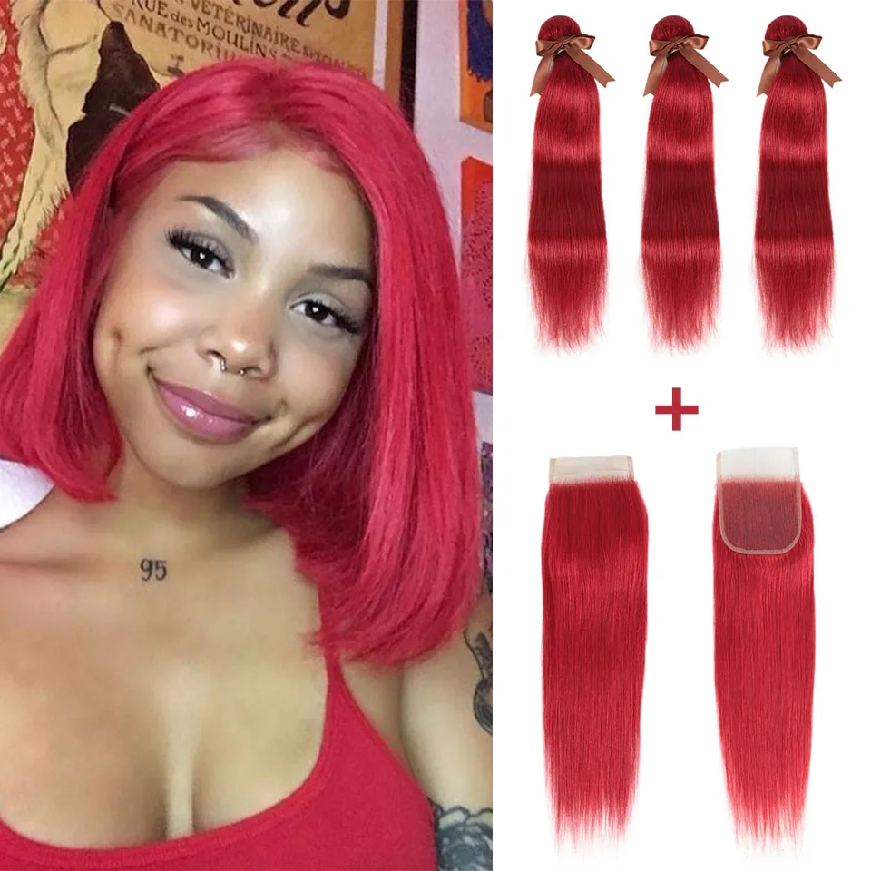 Remy Forte Straight Hair Bundles With Closure Red Bundles With Closure Brazilian Hair Weave Bundles 3/4 Remy Hair Bundles Rouge