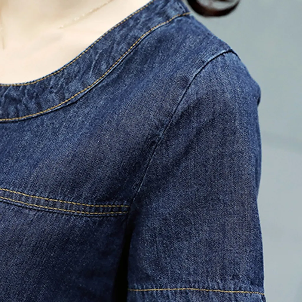 Женское джинсовое летнее платье большого размера свободное с круглым вырезом и