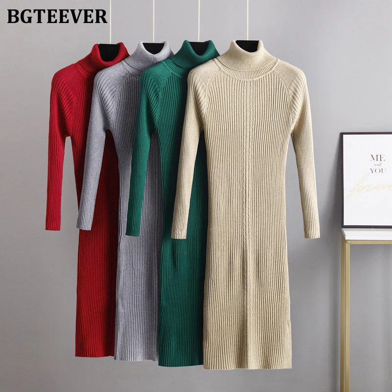 

BGTEEVER Elegant Thicken Warm Turtleneck Sweater Dress for Women Long Sleeve Stretched Female Knitted Dress 2021 Autumn Winter