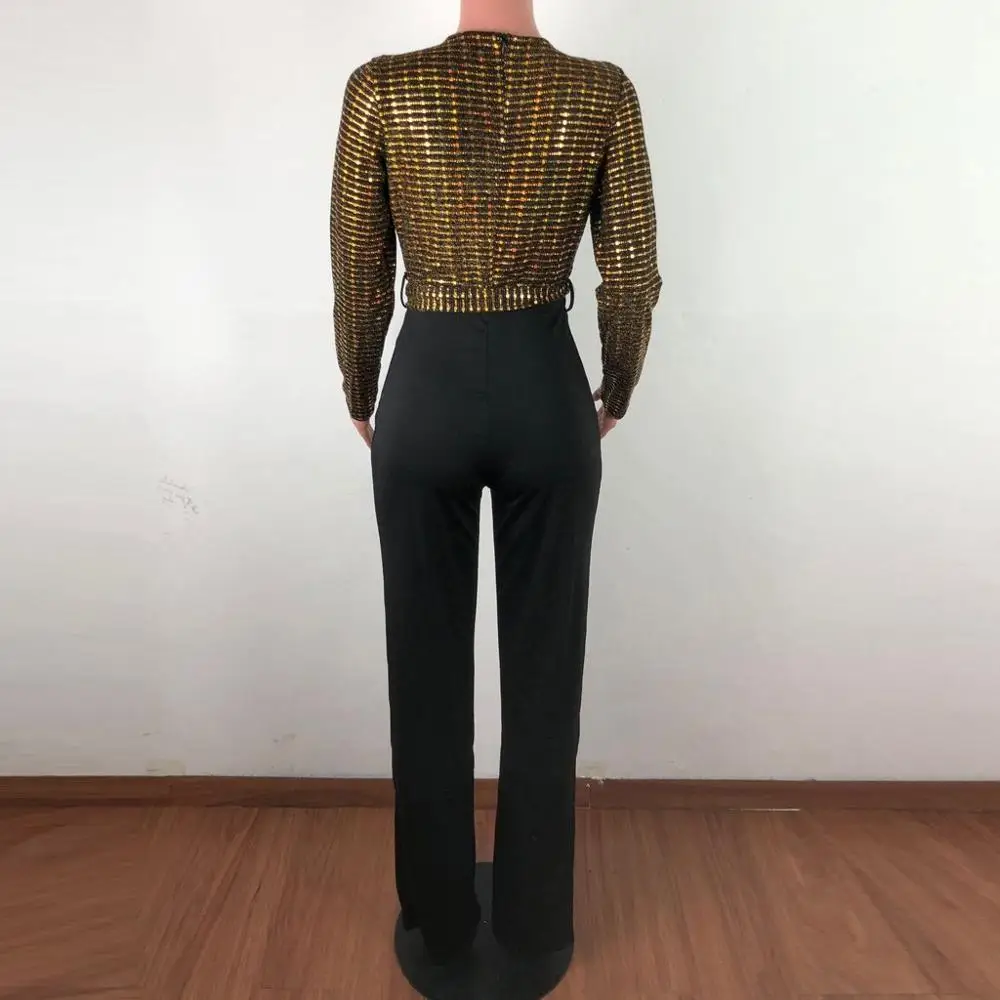 Sequined Slim Women Jumpsuits Black Sexy Solid Leotard Long Sleeves Straight Rompers Partywear Monos de Fiesta 2020 New Hot YE |