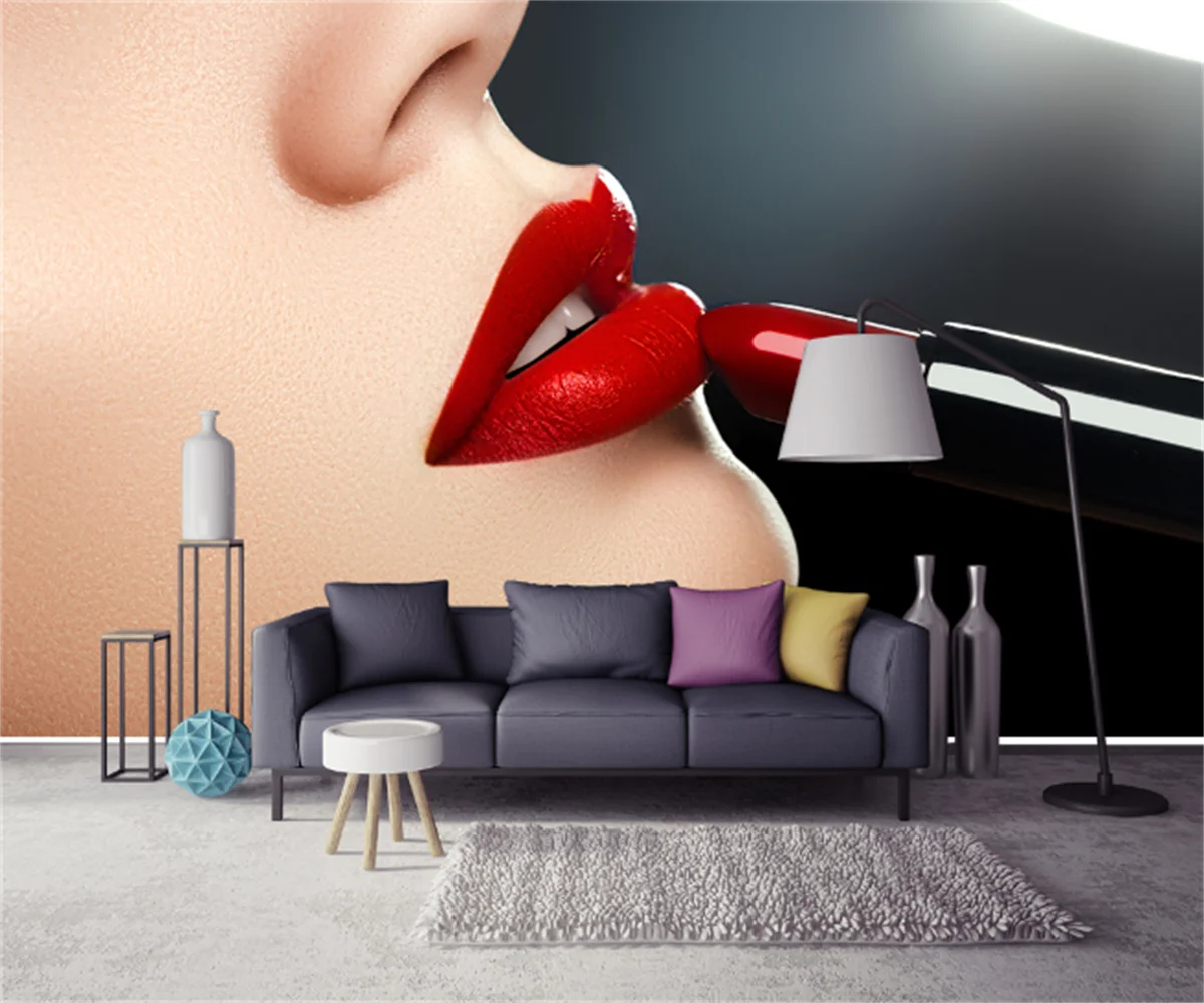 

European and American beautiful sexy red lips close-up background wallpaper custom beauty shop tooling wallpaper mural papier