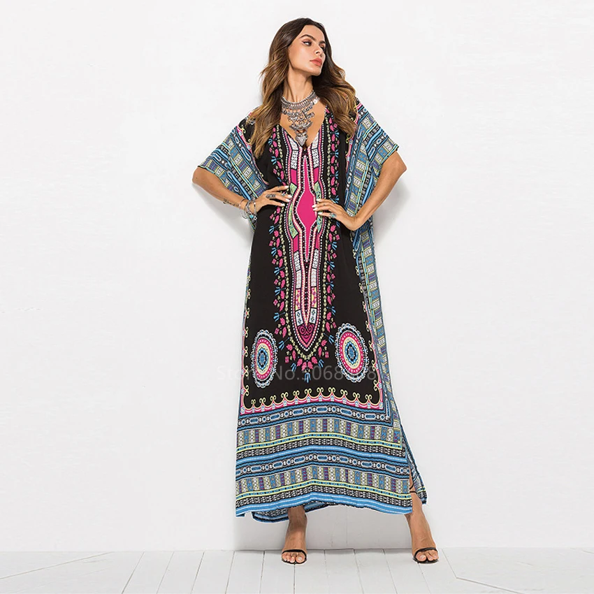 

2021 African Traditonal Print Dashiki Dresses Women Bazin Tribal Ethnic Designed Streetwear Fashion Diamond V-neck Loose Dress