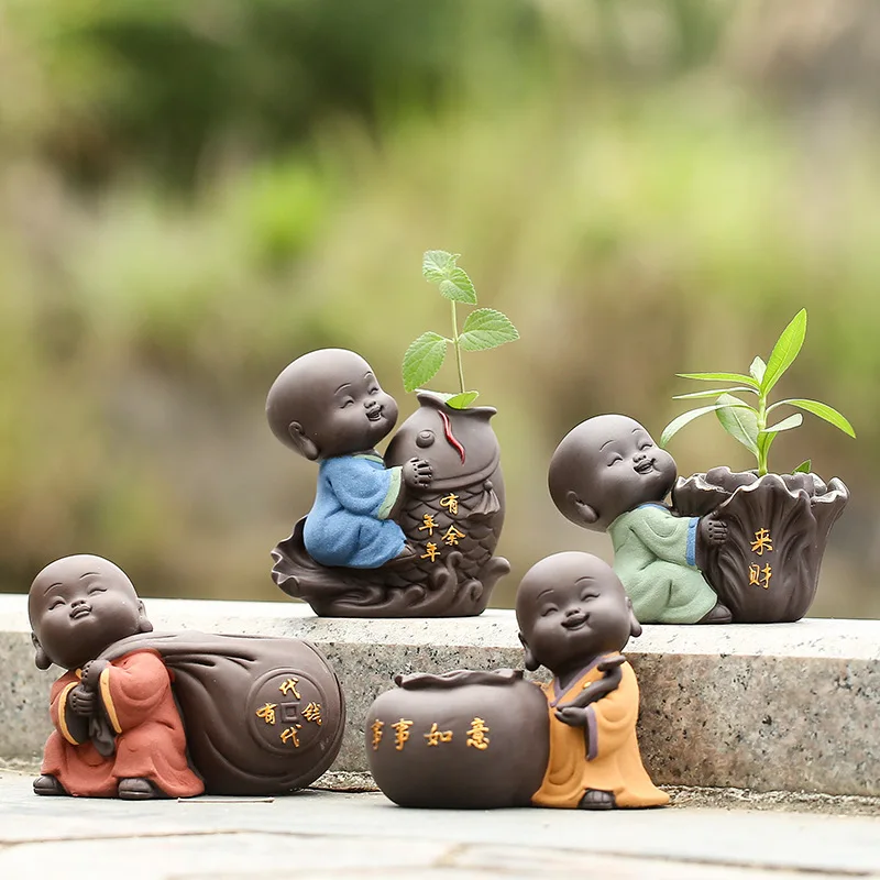 

Ceramic Tea Pet Ornaments Small Buddha Statue Monk Figurine Desktop Flower Pot Hydroponic Plant Decoration Tea Accessories