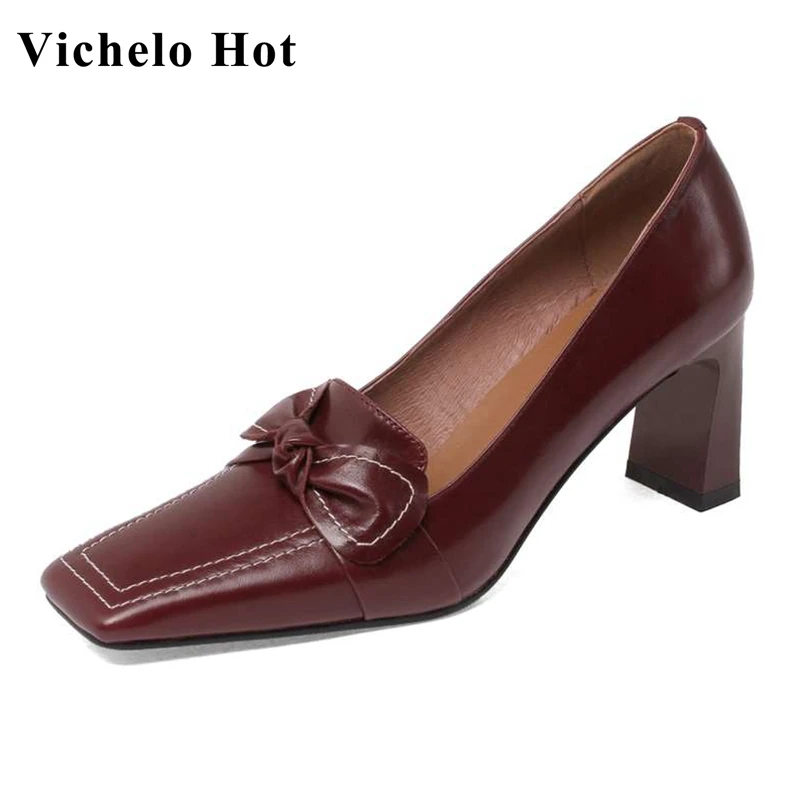 

Туфли-лодочки Vichelo из натуральной кожи, на высоком каблуке, с квадратным носком, с бантом-бабочкой, L26, весна 2021