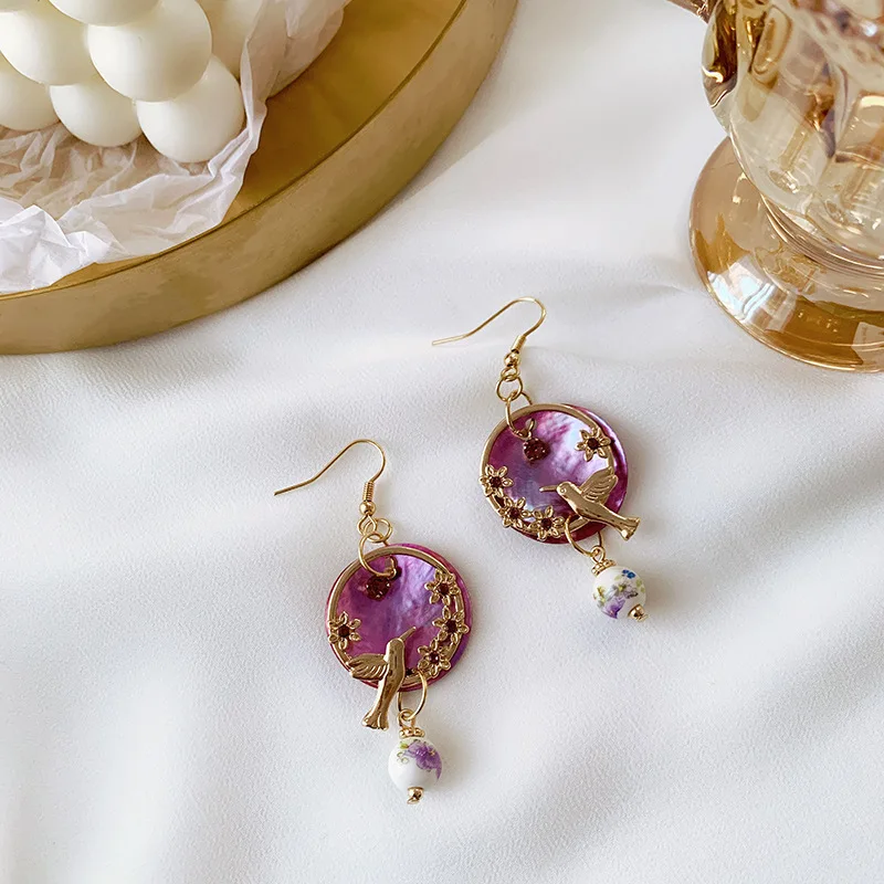 Горячая Распродажа фиолетовый цвет серьги-капли в форме птицы Японии и милом