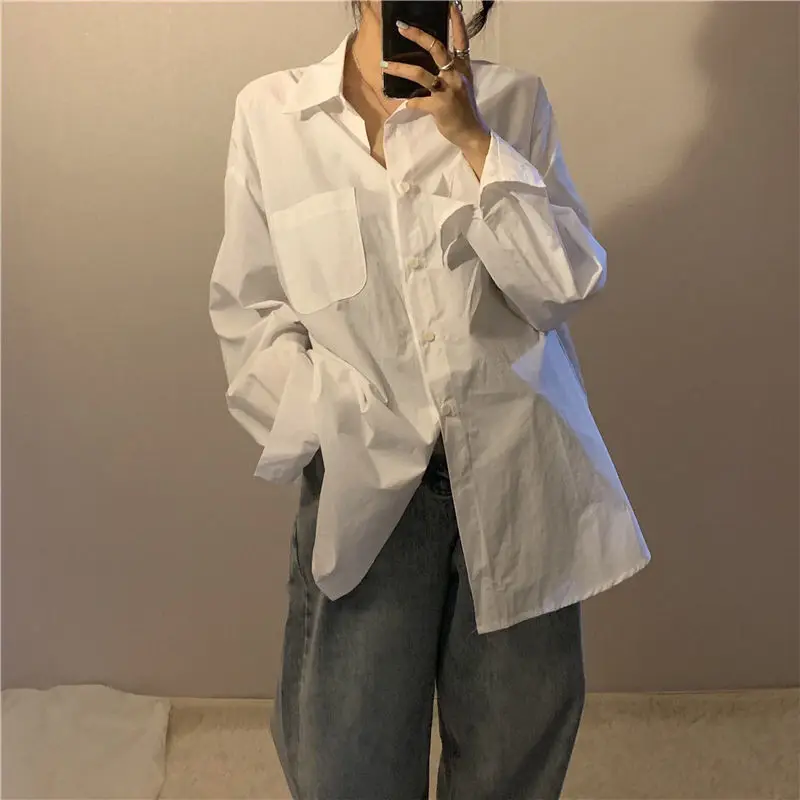 

Vangull White Women Shirt Single Breasted Classic Blouses Long Sleeve Oversize Female Tops Pockets Loose Casual Ladies Shirt