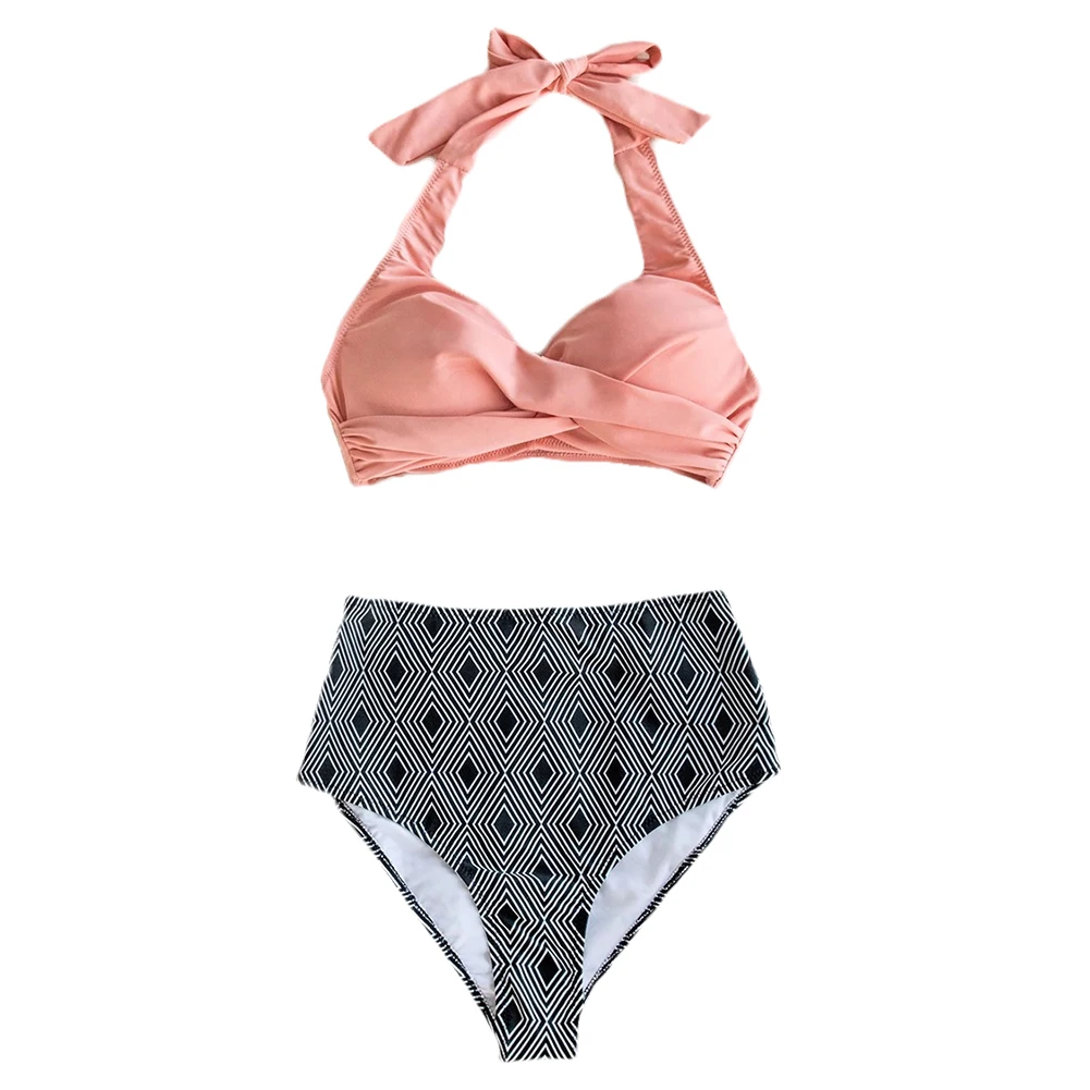 

Women Sexy Two-piece Bathing Suit Solid Color Cross Halter Top with Chest Pad High Waist Print Tong Set