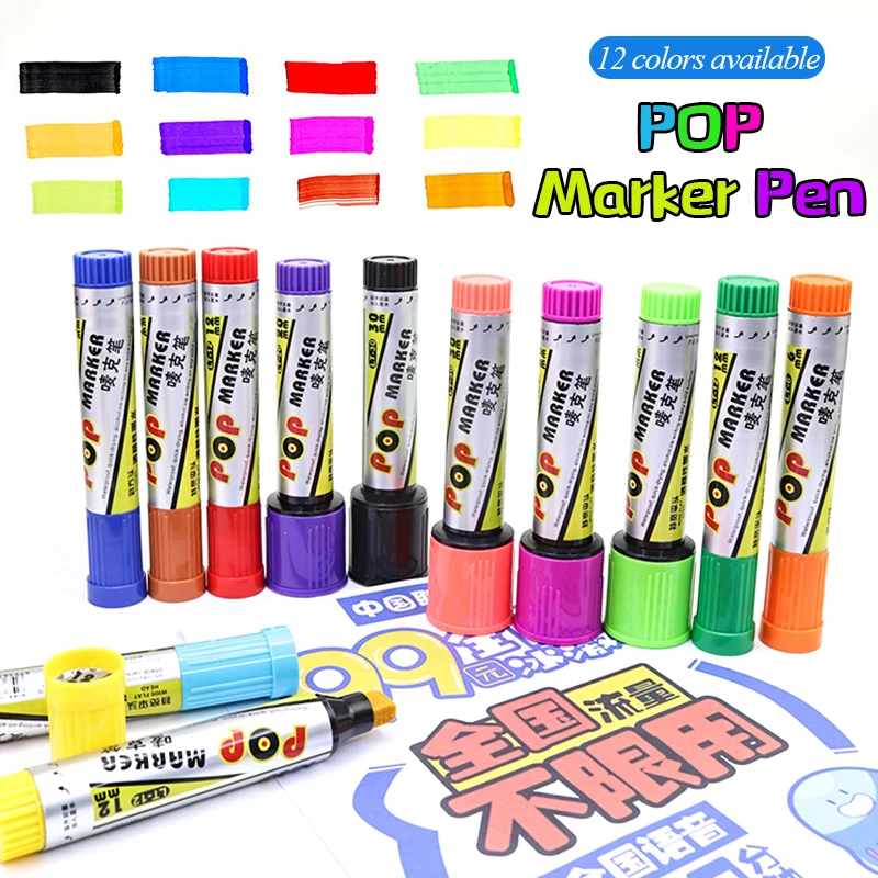 

12 Colors POP Poster Marker Pen 6/12/20/30mm Ink Replenisher Bright Waterproof Advertising/Graffiti Mark Pen School Supplies