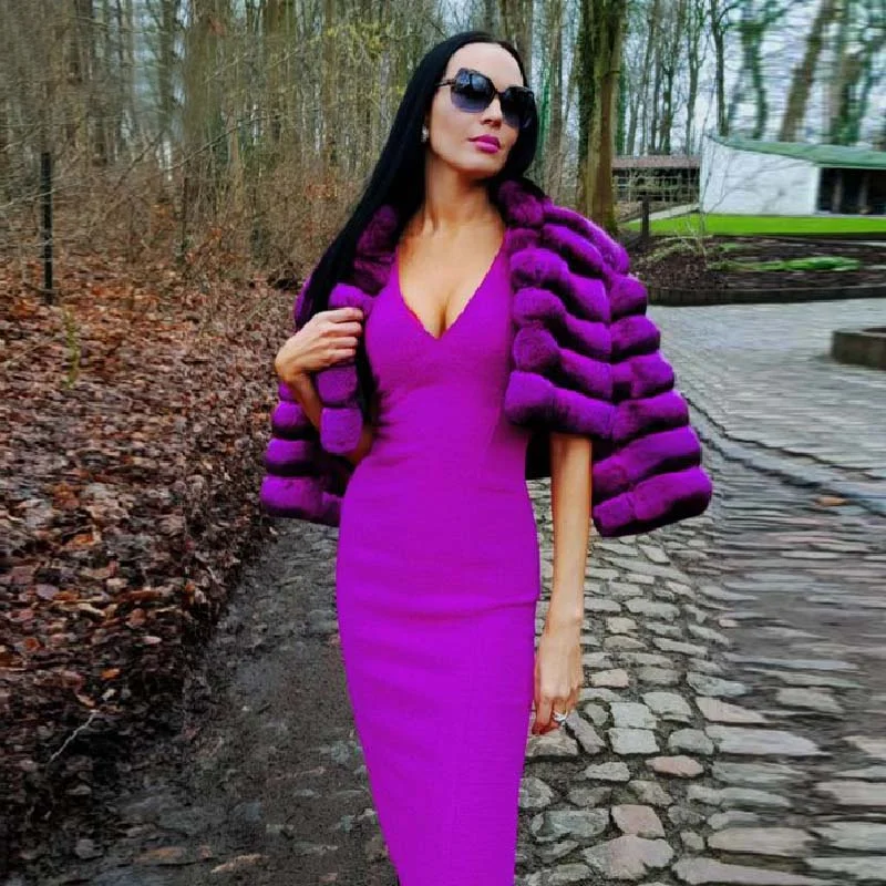 Fashion Short Natural Rex Rabbit Fur Coat Stand Collar 2022 Winter New Rose Purple Women Genuine Rex Rabbit Fur Jacket Outwear