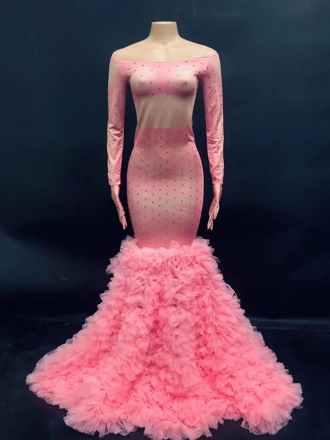 

Pink Rhinestone Long Tail Floor Length Dress Slash Neck Women Wedding Evening Gown Formal Party Birthday Dress Singer Stage Wear