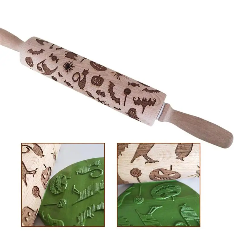 

Halloween Rolling Pin Embossed Wooden Dough Roller Kitchen Baking Roller
