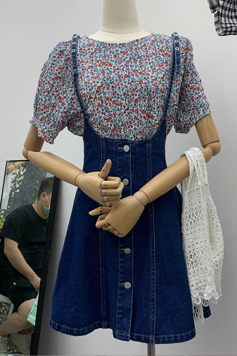 

2021 New Arrival Women Denim Strap Dress Dark Blue Single-breasted Temperament Casual Sleeveless Short A-line Dress Students