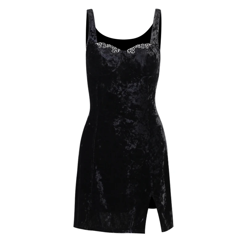 

InsDoit Mall Goth Sexy Black Dress Women Velvet Vintage Sleeveless Slim Summer Dress Streetwear Split Elegant Club Party Dresses