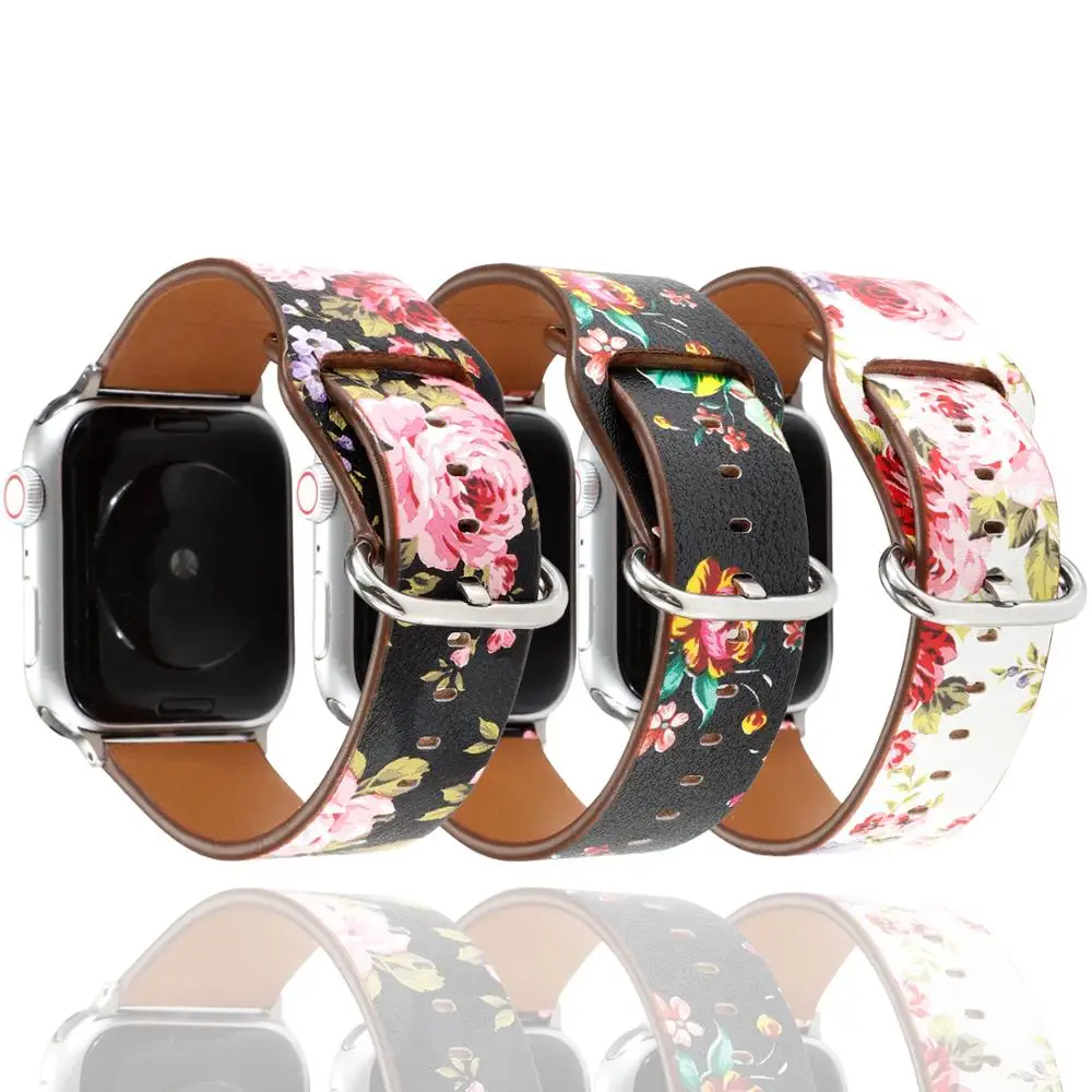 Новый кожаный ремешок для наручных часов Apple Watch версии 44/40 мм iWatch 42/38 с цветочным