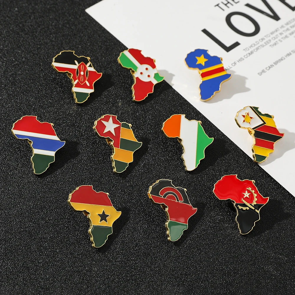 Брошь с изображением карты Африки с флагом Анголы, Кении, Малави, Гамбии, Бурунди, Ганы и Зимбабве, аксессуары ювелирные изделия.