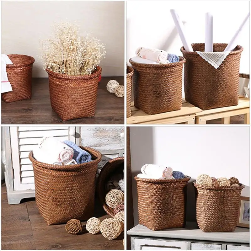 

1Pc Straw Woven Wastebasket Practical Trash Can Waste Paper Basket Storage Bin