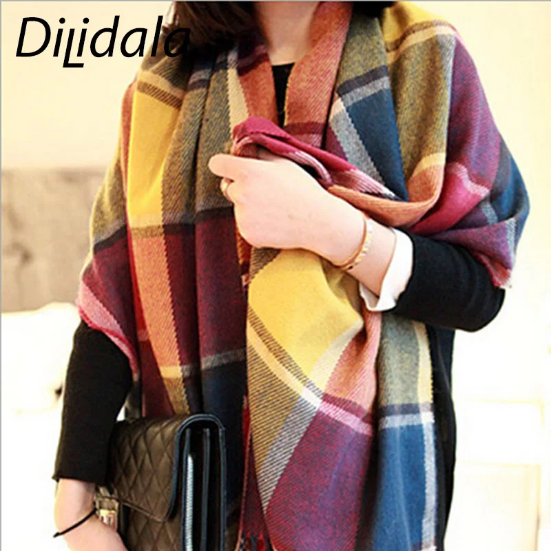 Dilidala Зимний Теплый Женский цветной шарф с кисточками Радужный полосатый новый