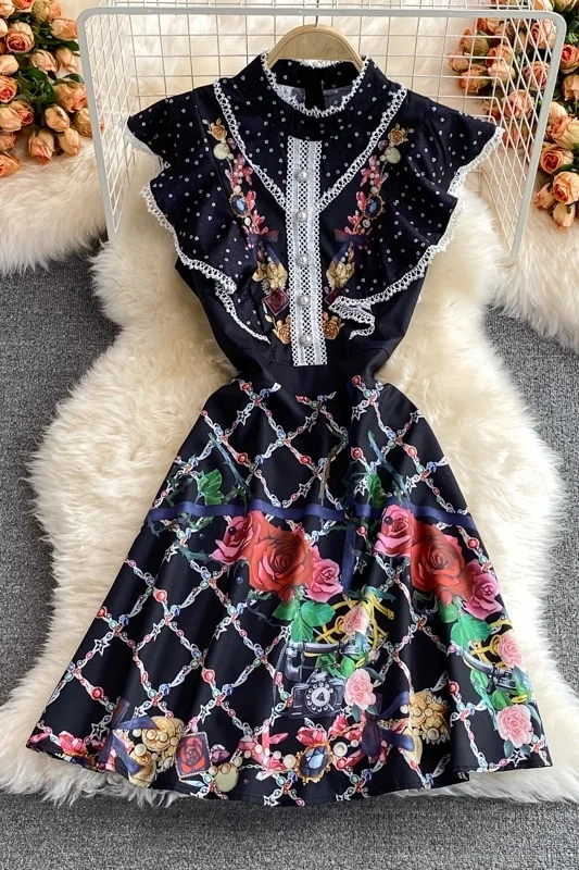 

Summer high end temperament stand collar Ruffle printing waist show slim A-line dress fashion dress