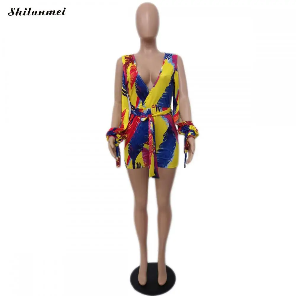 

2020 One Piece Hollow Out Playsuits Romper Sexy Women Deep V-Neck Rompers Floral Print Lace-Up Jumpsuit Club Party Outfits