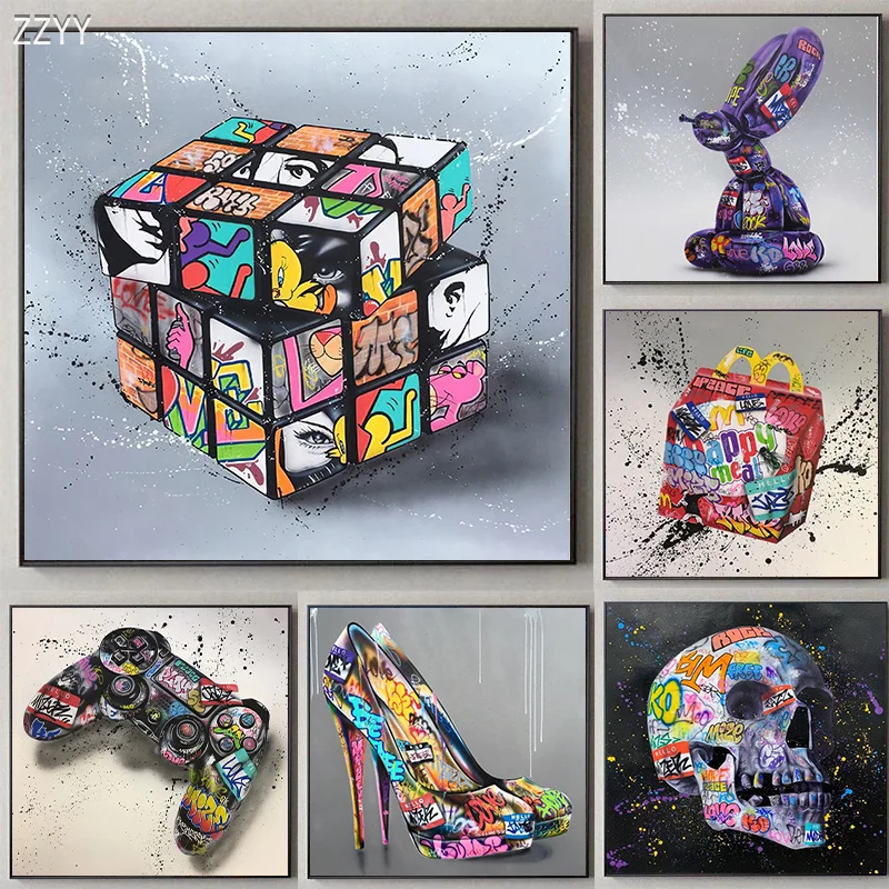 

Modern Cartoon Game Cube Game Console High Heels Toy Dog Graffiti Art Canvas Painting Poster Print Children's Room Home Decor