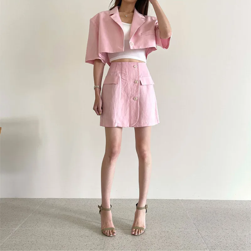 

Alien Kitty 2021 Hot Summer Women Suit Single-Button Casual Short-Sleeved Blazer Fashion Solid Color A-Line High Waist Skirt