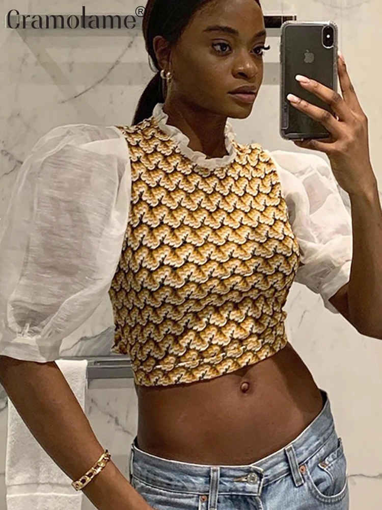 

Укороченный топ с коротким рукавом-фонариком и принтом, Y2K, лето 2022, модная женская винтажная блузка, одежда, женские блузки, бесплатная дост...