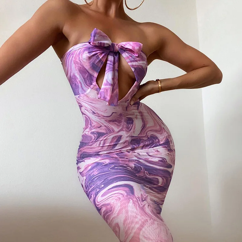 

Fashion Tie Dye Hollow Sexy Midi Evening Dress Woman Clothes Summer 2022 Sleeveless Strapless Bow Backless Elegant Party Dresses